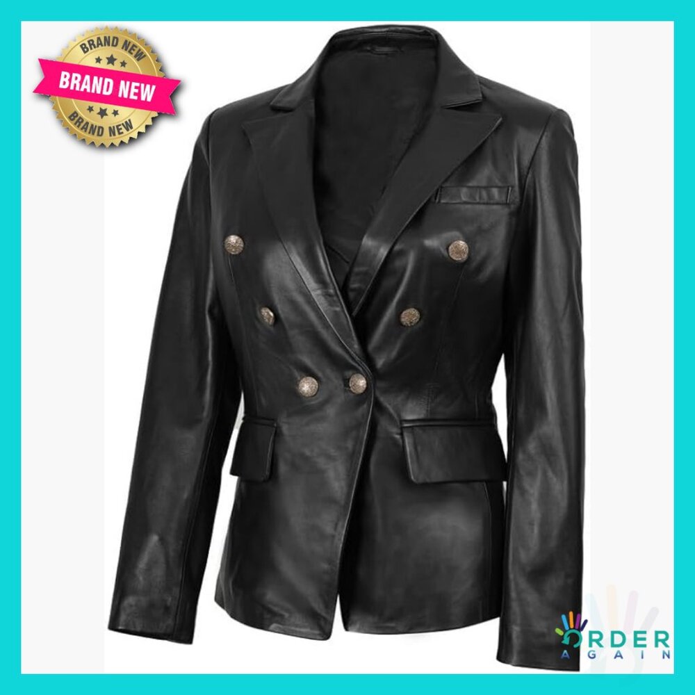 Double Breasted Lambskin Leather Blazer Classic Elegant Business Casual Coat